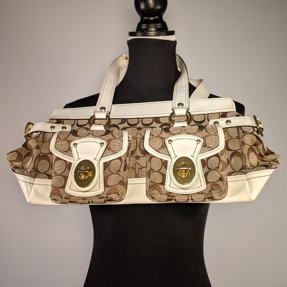 Coach Handbags - COACH PURSE Signature Tan Print with White Accent